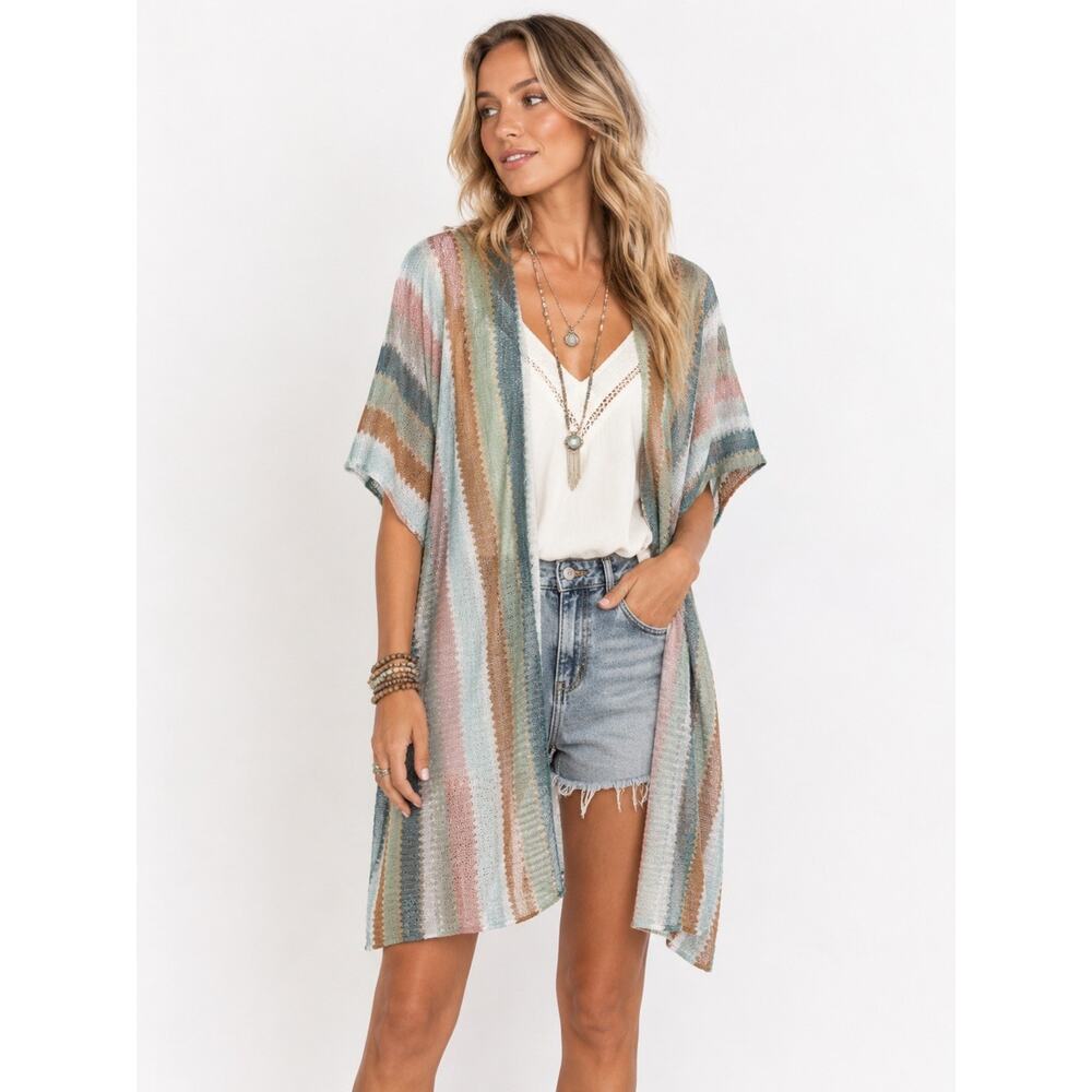 Steve Madden Women's Shimmery Short Sleeve Cardigan Striped Lightweight